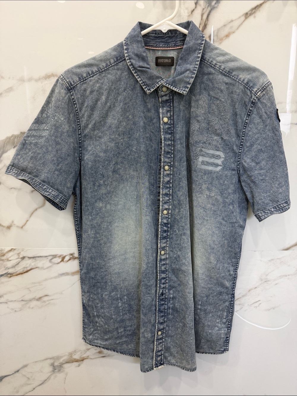 Bespoke Washed Denim-Effect Short Sleeve Shirt - Blue